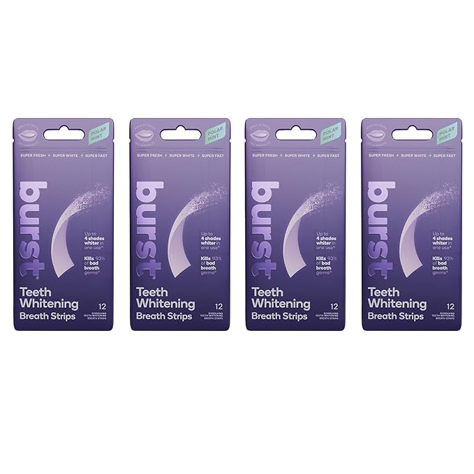 Burst Teeth Whitening Breath Strips (Polar Mint/4 Pack) | Kills 93% of Bad Mouth Germs | Up to 4 Shades Whiter in One Use | Easy to Apply/Quick Dissolving
