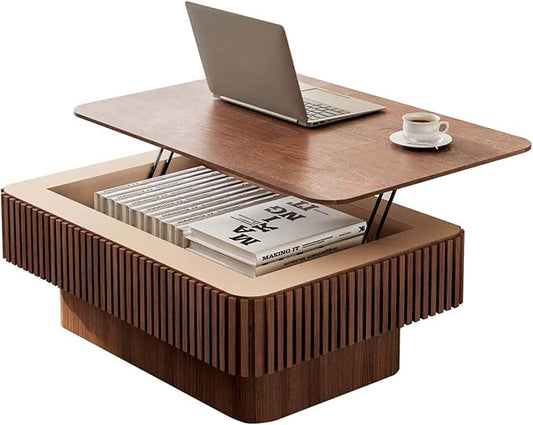 Lift Coffee Table with Storage & Adjustable Height, Solid Wood Coffee Table Fluted Center Table Accent Tea Table or Living Room, Apartment, Office (38.6" Walnut)