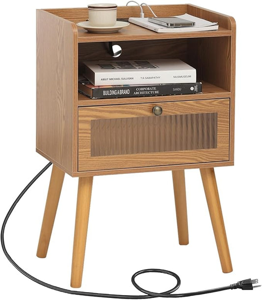 AWASEN Mid Century Nightstand with Charging Station, Modern Bedside Table with Glass Decorative Drawer, Small End Side Table with 2 Tiers Storage for Bedroom, Office and Small Space(Brown)