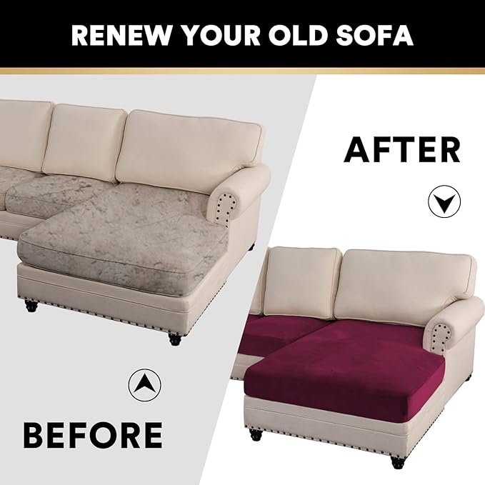 PrinceDeco Velvet Couch Covers - 4 Piece Set for Sectional Sofa (3 Seater + 1 Chaise, Burgundy)