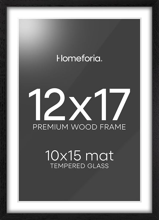 Homeforia 12x17 Picture Frame Black Wood, High End Oak 12x17 Poster Frames with Mat 10x15 Photo, 12 x 17 Wooden Frame Matted to 10 by 15 Print, 17x12 Hanging Frames, Tempered Glass, Wall Kit, Set of 1