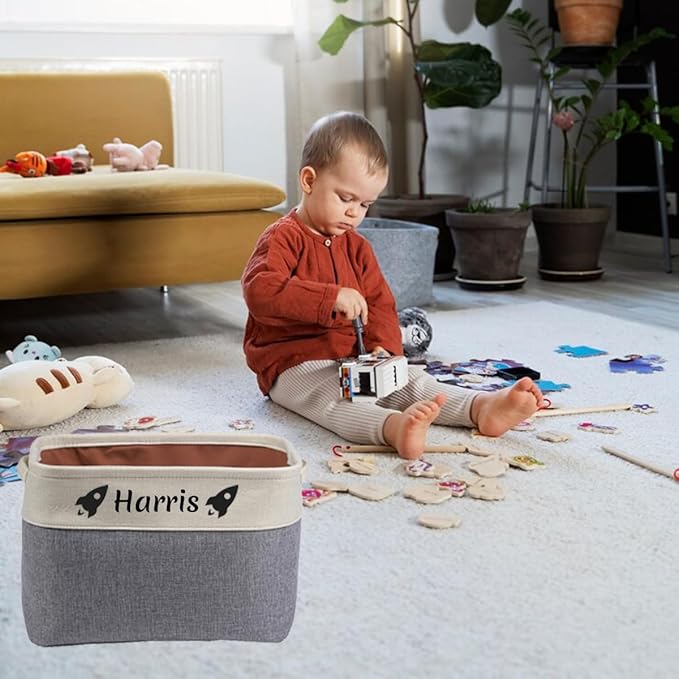 Generic Personalized Kids' Storage Box - Brown, Customizable, Soft & Durable Cotton & Linen, Foldable, 14x9x1 inches