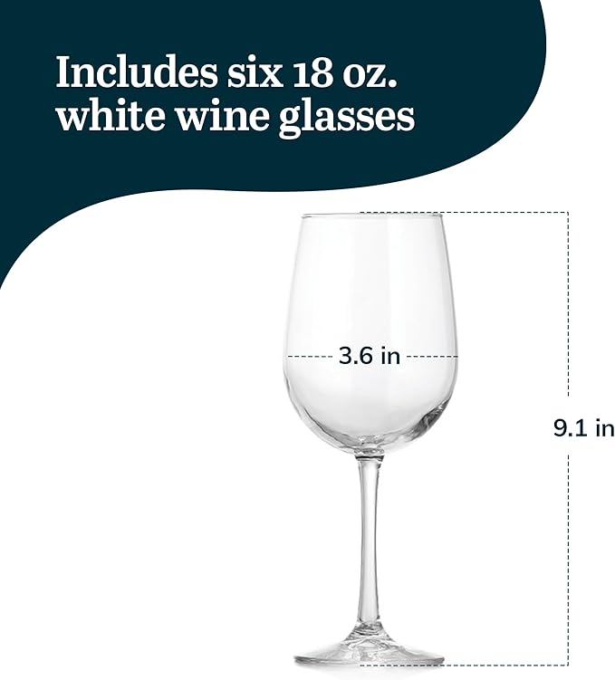 Libbey Vina White Wine Glasses Set of 6, 18.25 Oz Elegant, Fancy Glasses Drinking Set, Stemmed Wine Glasses for Weddings, Birthdays, Parties and More