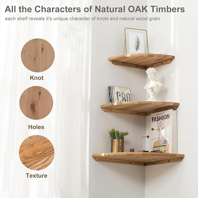 Corner Shelf, 7inch Solid Oak Wood Floating Corner Shelf Wall Mount Round End Floating Speaker Shelves with Wire Hole for Small Plant Photo Frame for Bedroom Kitchen, Living Room