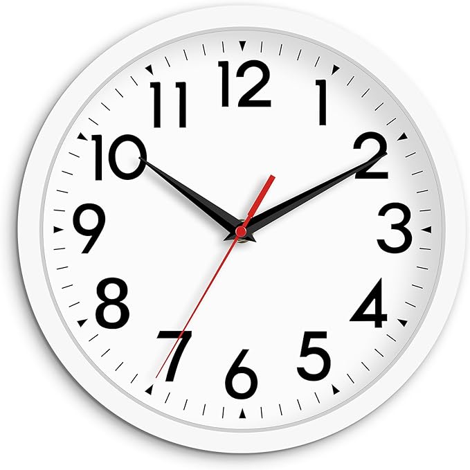 Wall Clock Modern Battery Operated 10 Inch Simpel Silent Non Ticking Analog Decorative for Kitchen Bathroom Bedroom Office Living Room School Classroom(White)
