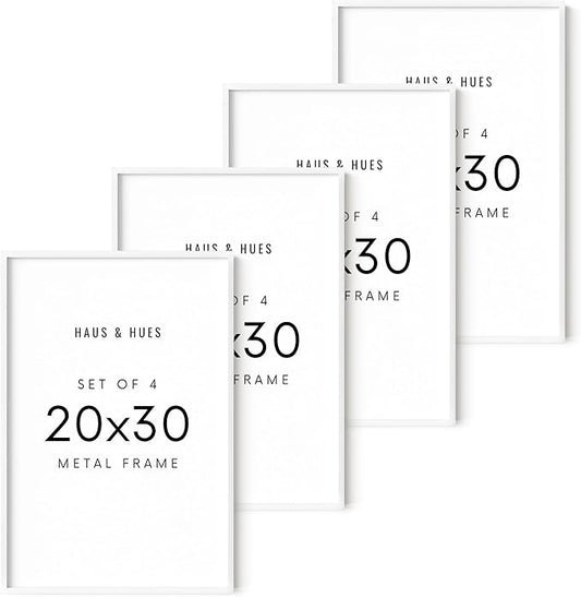 HAUS AND HUES 20x30 White Metal Picture Frames - Features Premium Aluminum, Vertical & Horizontal Hang, Shatterproof Plexiglass - Perfect for Home, Room, Office (20x30 in, White, Set of 4)