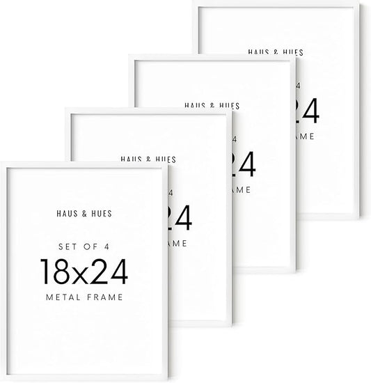 HAUS AND HUES 18x24 White Metal Picture Frames - Features Premium Aluminum, Vertical & Horizontal Hang, Shatterproof Plexiglass - Perfect for Home, Room, Office (18x24 in, White, Set of 4)