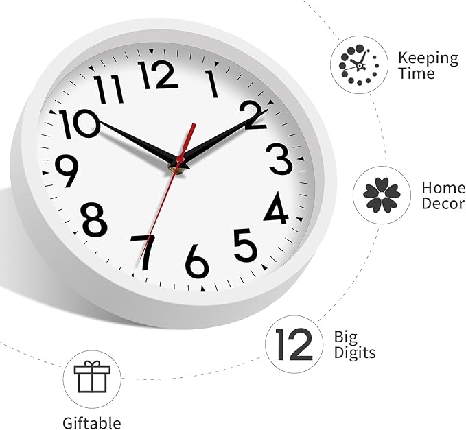 Wall Clock Modern Battery Operated 10 Inch Simpel Silent Non Ticking Analog Decorative for Kitchen Bathroom Bedroom Office Living Room School Classroom(White)