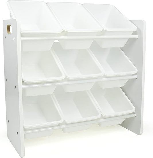 Humble Crew 9-Bin Toy Organizer – Cambridge White Plastic Bins, 3-Tier Storage Solution for Kids' Playrooms and Nurseries