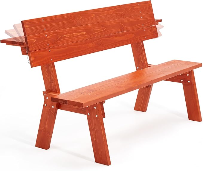 AVAWING Outdoor Convertible Wood Bench with Backrest, Patio Wood Convert a Bench, Space-Saving 2-in-1 Picnic Table Chairs Set for Backyard, Porch, Patio, Garden, Tangerine