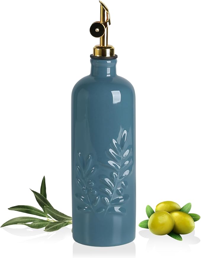 Sweejar 18 Oz Oil Dispenser for Kitchen with Gravity Spout, Ceramic Olive Oil Dispenser Bottle, Relief Opaque Vinegar Container for Evoo, Vinegar, Soy Sauce, Pack of 1(Fogbule, Gold Spout)