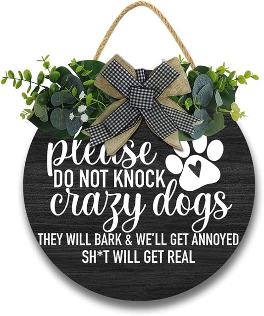 Crazy Dog Hanging Wall Sign for Front Door Home Kitchen Decor Rustic Wooden Round Sign Wall Decoration for Kitchen Dining Room Living Room Bedroom Outdoor