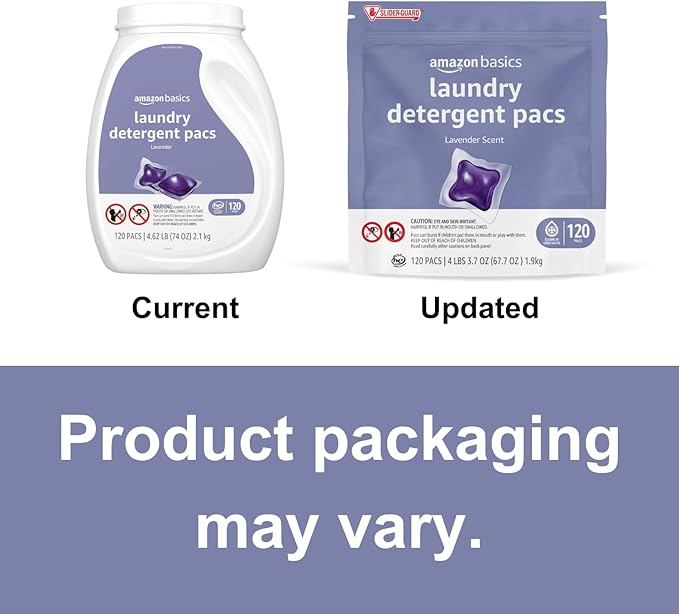 Amazon Basics Laundry Detergent Pods, 120 Pacs for 120 Medium Loads, Lavender Scent, (Previously Solimo) (Pack of 2)