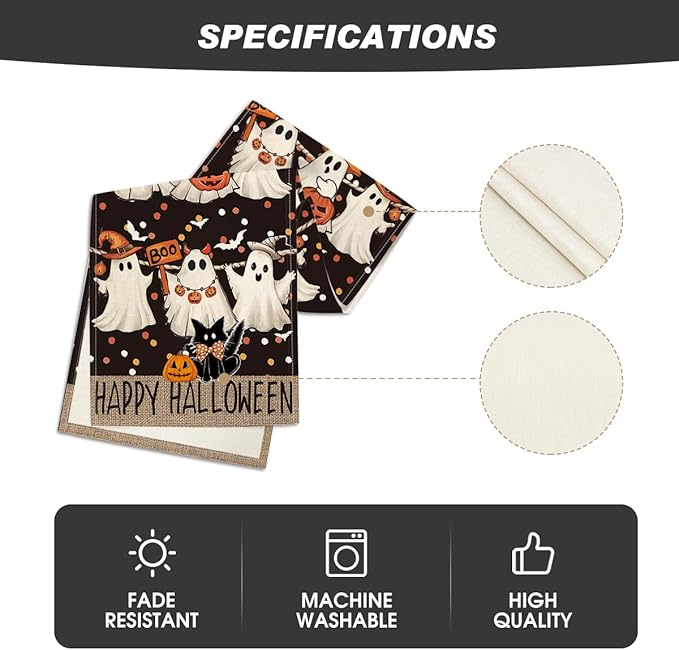 Artoid Mode Ghost Jack-O'-Lantern Black Cat Halloween Table Runner,Holiday Kitchen Dining Table Decoration for Home Party Decor 13 x 72 Inch