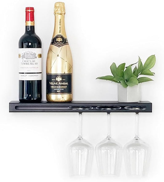 Wall Mounted Wine Rack – Metal Floating Bar Shelf with Bottle and Glass Holder, Holds 5 Bottles and 4-6 Glasses