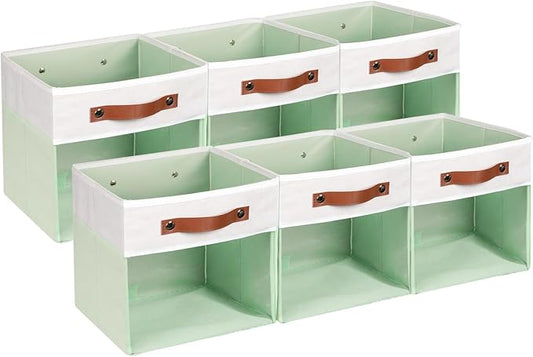 HNZIGE Clear Storage Cubes Bins 11 x 11, Fabric Storage Cube Bins for Storage Organizer,Shelf Storage Bin for Organizing, Cubby Foldable Cube Organizer Bin for Storage Blanket Home(White Green 6PCS)