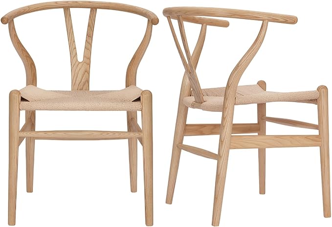 Tomile Solid Wood Wishbone Chair Y Chair Mid-Century Armrest Dining Chair, Hemp Seat (Ash Natural, Pack of 2)