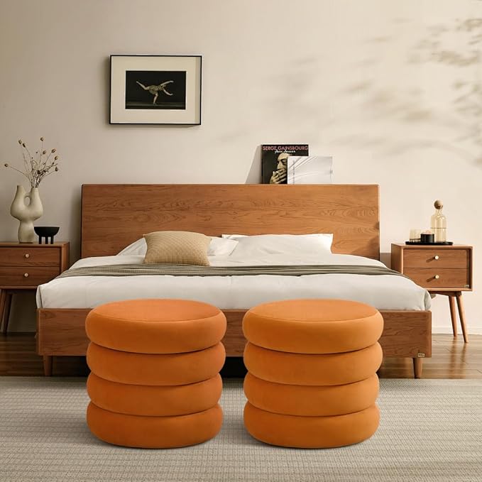 ONEVOG Round Storage Ottoman, 20" Small Ottomans Table with Removable Lid, Velvet Fabric Soft Footrest Stools for Couch, Upholstered Stuffed Circle Seat for Living Room/Bedroom/Dorm/Vanity, Orange