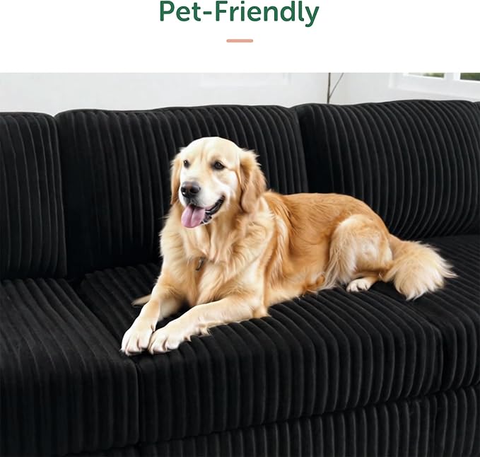 HONBAY Corduroy Sectional Couch with Storage U Shaped Sectional Sofa Modular Sectional Couches for Living Room, Black
