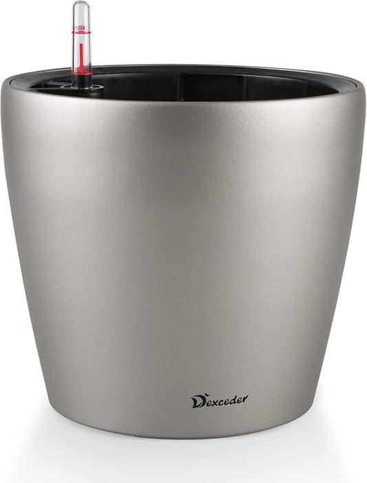 Dexceder 9x8 Inches Self Watering Planter Metallic Matte Indoor Outdoor, Inner Pot Design, Thickened Table Flower Plant Pot with Water Level Indicator (Smoky Gray)