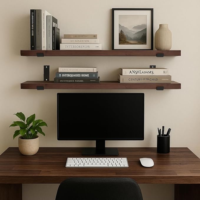 CONSDAN Floating Shelves for Wall Mounted Book Shelf Hanging Shelves Floating Bookshelf for Bedroom, Bathroom, Living Room, Kitchen USA Grown Solid Hardwood, Dark Maple 48x7.5x1.5 in (Set of 2)
