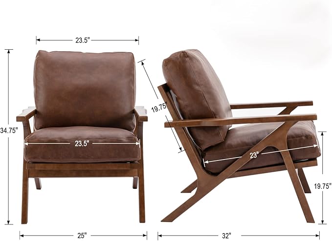 HNY Mid Century Arm Chair, Retro Accent Armchair with Wood Frames & Faux Leather Upholstered Removable Cushions, Leisure Reading Chair Slipper Chair for Living Room Bedroom, Brown