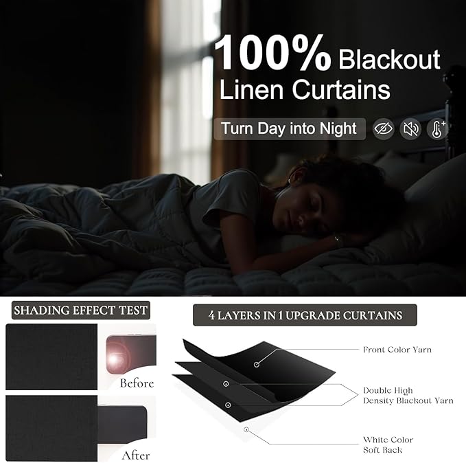 Black Linen Blackout Curtains for Living Room 96 Inches Long 2 Panels Set Back Tab Pleated Textured Thick Drapes Thermal Curtain for Summer Heat Floor Length Bedroom Black Out Curtain Modern Farmhouse