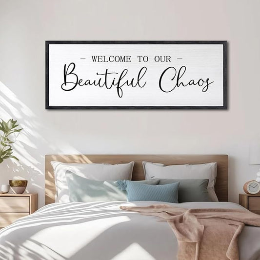 Welcome To Our Beautiful Chaos Sign Wall Decor Framed Wood 32X12 Inch For Rustic Home Living Room Entryway Bedroom Hanging Art (Black)