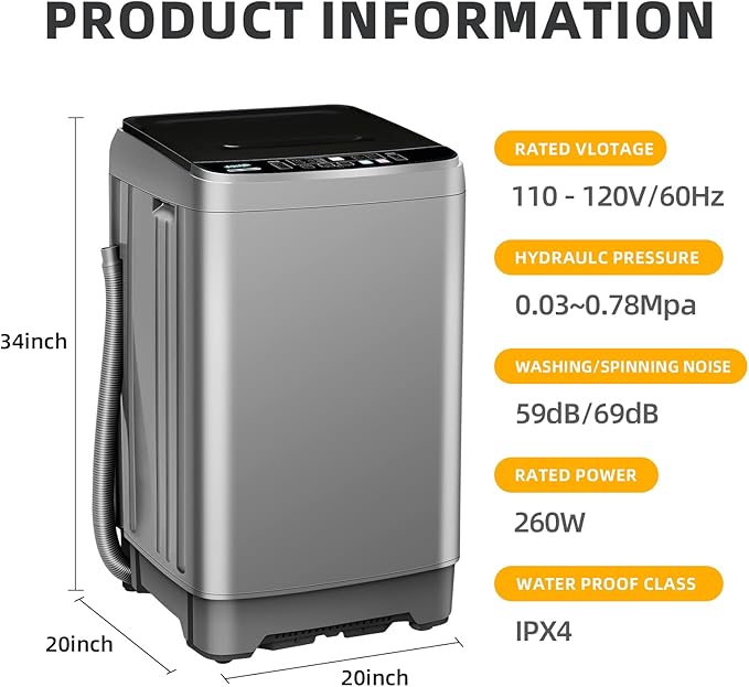 Portable Washing Machine 2.3 Cu. Ft. Full-Automatic Compact Washer Machine for Apartment, 10 Wash Program Small Portable Washer for Dorm, Apartment, RV, Home, Silver