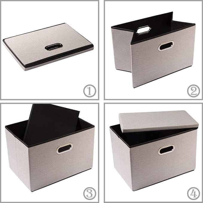 PRANDOM Foldable Storage Bin with Lid [3-Pack] Linen Fabric Decorative Storage Box Organizer Container Basket Cube with Handles Divider for Closet Office Living Room Light Grey(14.9x9.8x9.8)