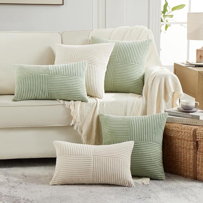 Fancy Homi 2 Packs Cream Lumbar Decorative Throw Pillow Covers 14x24 Inch for Living Room Couch Bed Sofa, Rustic Farmhouse Boho Home Decor, Soft Striped Corduroy Rectangle Accent Cushion Case 35x60 cm