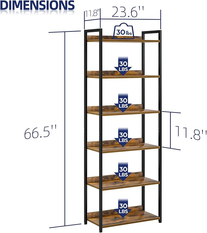 NUMENN Bookshelf, 6 Tier Bookshelves, Home Office Bookcase Shelf Storage Organizer, Free Standing Storage Shelving Unit for Bedroom, Living Room and Home Office, Vintage