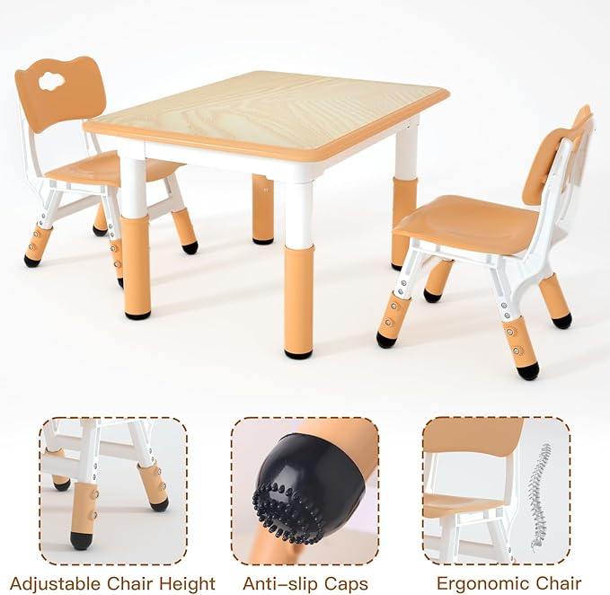 Kids Study Table and 2 Chairs Set,Height Adjustable Table and Chairs for Children and Toddlers,31.5"X23.6"Graffiti Desktop,Suitable for Daycare,Classrooms, Home