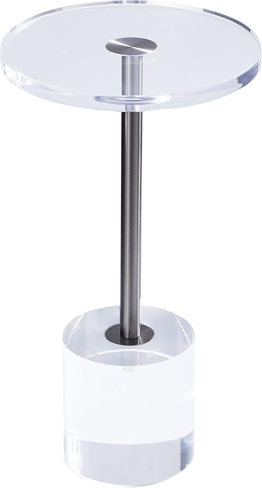 Clear Acrylic End Table,Side Table,Brushed Silver Metal,Round,for Office, Living Room and Bedroom,Easy Assembly,12x12 inch，21.3 inch high