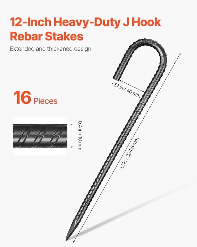 VEVOR Rebar Stakes, 12-Inch, Heavy-Duty 0.4 in Diameter J Hook, Galvanized Steel Ground Anchors with Chisel Point End & Rust-Resistant Coating, for Gardening Support, Fence, Camping Tents (16-Pack)