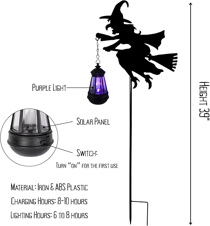 Fairy Garden Accessories Lawn Ornaments 1 Pair - Solar Lights Halloween Decorations Outdoor Garden Statue, Metal Stakes Decorative Figurines for Yard Decor, Patio (Witch)