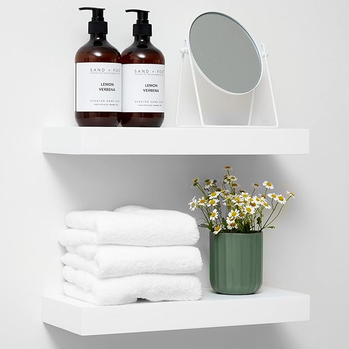 Homeforia White Floating Shelves 16 inch, High End Solid Real Wood 16inch Bathroom Floating Shelf for Wall Mounted, White Wooden 16 Floating Shelves, Heavy Duty Bracket, 16 X 6.5 X 1.75 inch, Set of 4