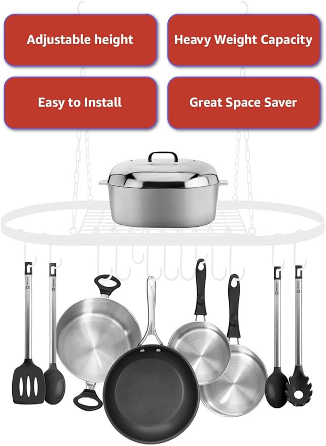 Sorbus® Pot and Pan Rack for Ceiling with Hooks — Decorative Oval Mounted Storage Rack — Multi-Purpose Organizer for Home, Restaurant, Kitchen Cookware, Utensils, Books, Household (Hanging Black)