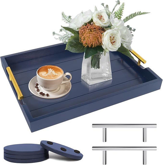 Coffee Table Tray - Large Ottoman Tray for Living Room - Wood Serving Tray with Handles(2 Sets) - Wooden Trays for Coffee Tables, 4 Round Coasters Included, Deep Blue