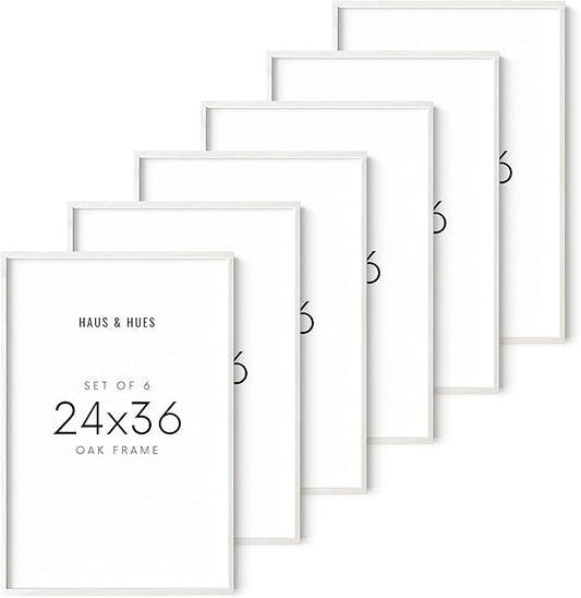 HAUS AND HUES 24x36 Frame Set of 6 - Poster Frames 24 X 36 Inches White Gallery Wall Frame Set, White Picture Frames Pack 24 x 36 Poster Frame, Large Picture Frames 24x36 Frame Wood (White Oak Frame)