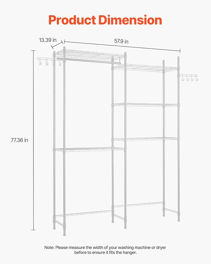 VEVOR Over The Washer and Dryer Storage Shelf, 5 Tier Laundry Room Drying Rack with Hanger Rod and Hooks, Adjustable Over Washer and Dryer Shelves, Laundry Room Shelf Storage Space Saver, White
