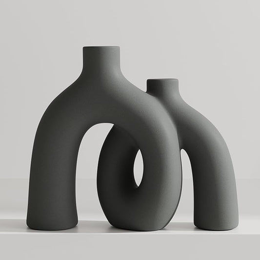 Hug Donut Decorative Vase Set - Dark Gray Modern Minimalism Industrial Style Vases Home Decor, Matte Ceramic Decorations for Living Room Shelf, Bookshelf Mantle Entryway Table or Console Décor(Gray)