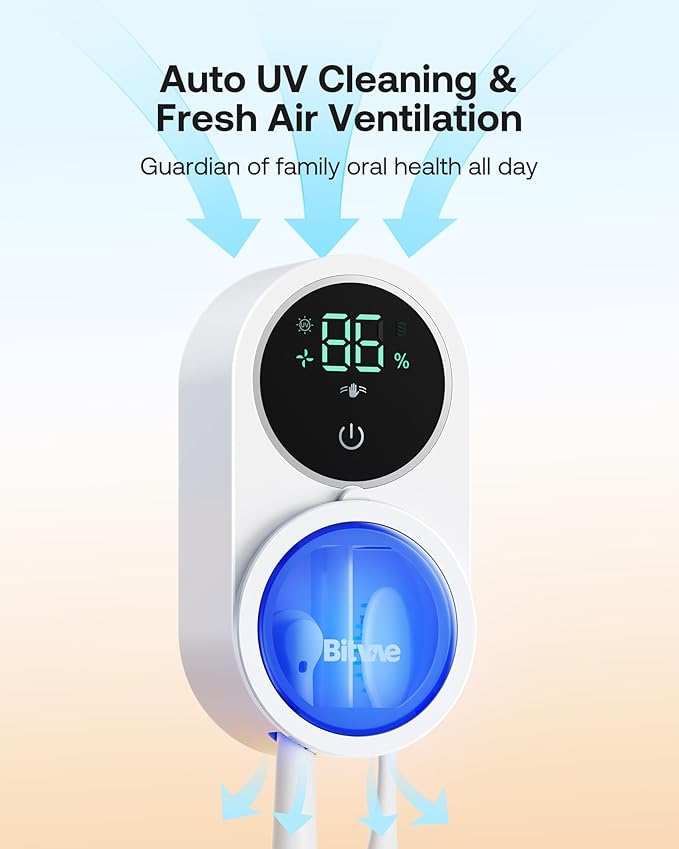Bitvae Toothbrush Cleaner & Toothbrush Holder, Cleaning and Air Drying, LED Smart Screen, Rechargeable Wall Mount Toothbrush Holder for Bathrooms