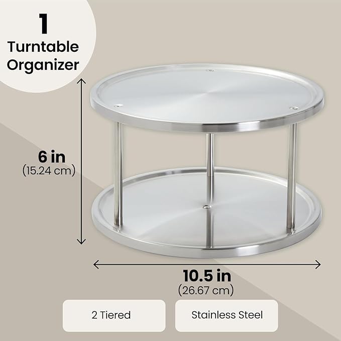 Juvale 2-Tier Lazy Susan Spice Rack Organizer for Cabinet - Stainless Steel Spice Carousel - Pantry & Kitchen Countertop Organizer (10.5 in)