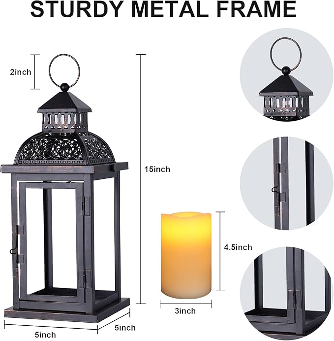NEEDOMO Fall Decorations for Home, 15'' Fall Lantern Indoor Outdoor Thanksgiving Decor, Vintage Metal Hanging Candle Holders with Fall Teardrop Wreath and LED Candle for Patio, Porch, Table