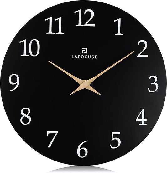 Lafocuse 12 Inch Silent Black Wall Clock Battery Operated for Living Room Decor, Simple Minimalist Wooden Wall Clock for Kitchen Bedroom Office