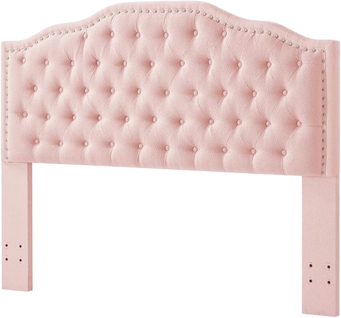 24KF Upholstered Button Tufted Queen Headboard with Nailhead Trim, Elegant Boucle Fabric Full headboard, 6031-Q-Boucle-Pink