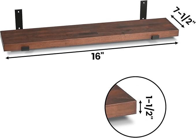 CONSDAN Floating Shelf for Wall Mounted Book Shelf Hanging Shelves Floating Bookshelf for Bedroom, Bathroom, Living Room, Kitchen USA Grown Solid Hardwood, Dark Maple 16x7.5x1.5 in