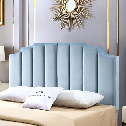 24KF Seaglass Velvet Tufted Queen Upholstered Headboard, Modern Vertical Channel Design California Queen/Full Headboard with Stepped Silhouette Top Edge, Seaglass
