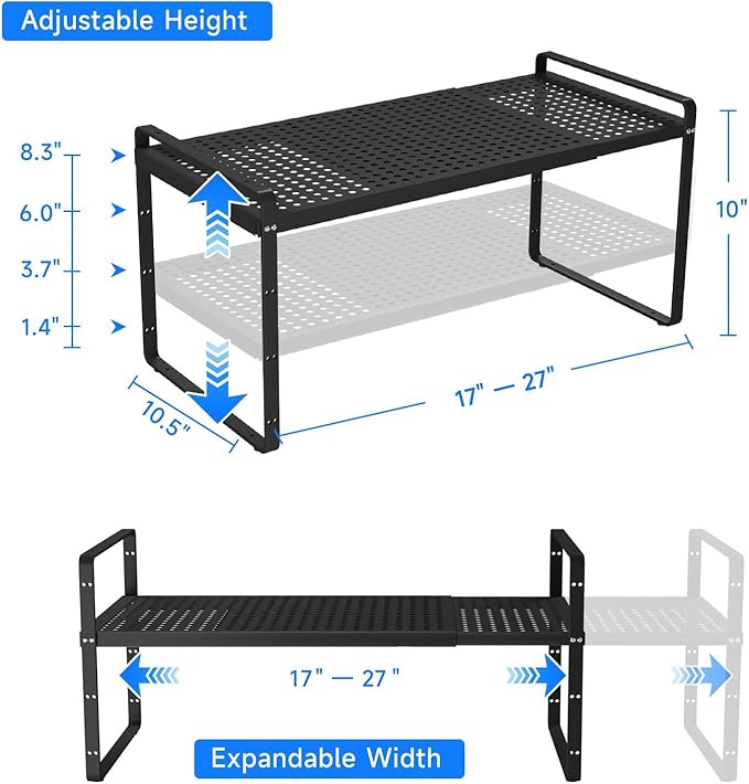 Expandable Cabinet Shelf Organizers, Kitchen Small Stand Rack Organization for Tabletop Countertop Cupborad Pantry, Black 2 Pack
